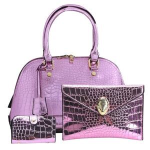 3PC Purple Faux Leather Crocodile Embossed Metallic Bag Set